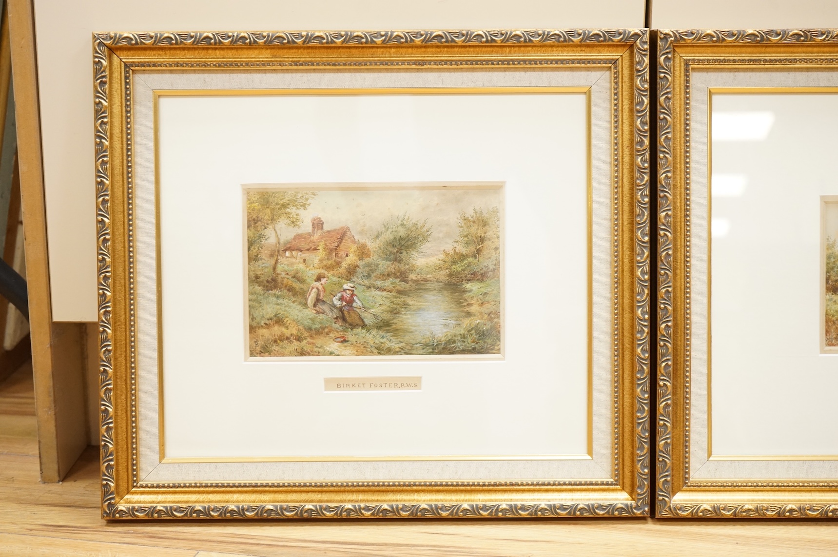 Manner of Myles Birket Foster RWS (1825-1899), Riverscapes with figures fishing, bears monogram, pair of watercolours, each 12 x 15cm, ornate gilt frames